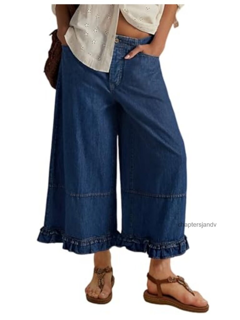 Womens Ruffle Hem Wide Leg Cropped Jeans Mid Rise Baggy Denim Pants